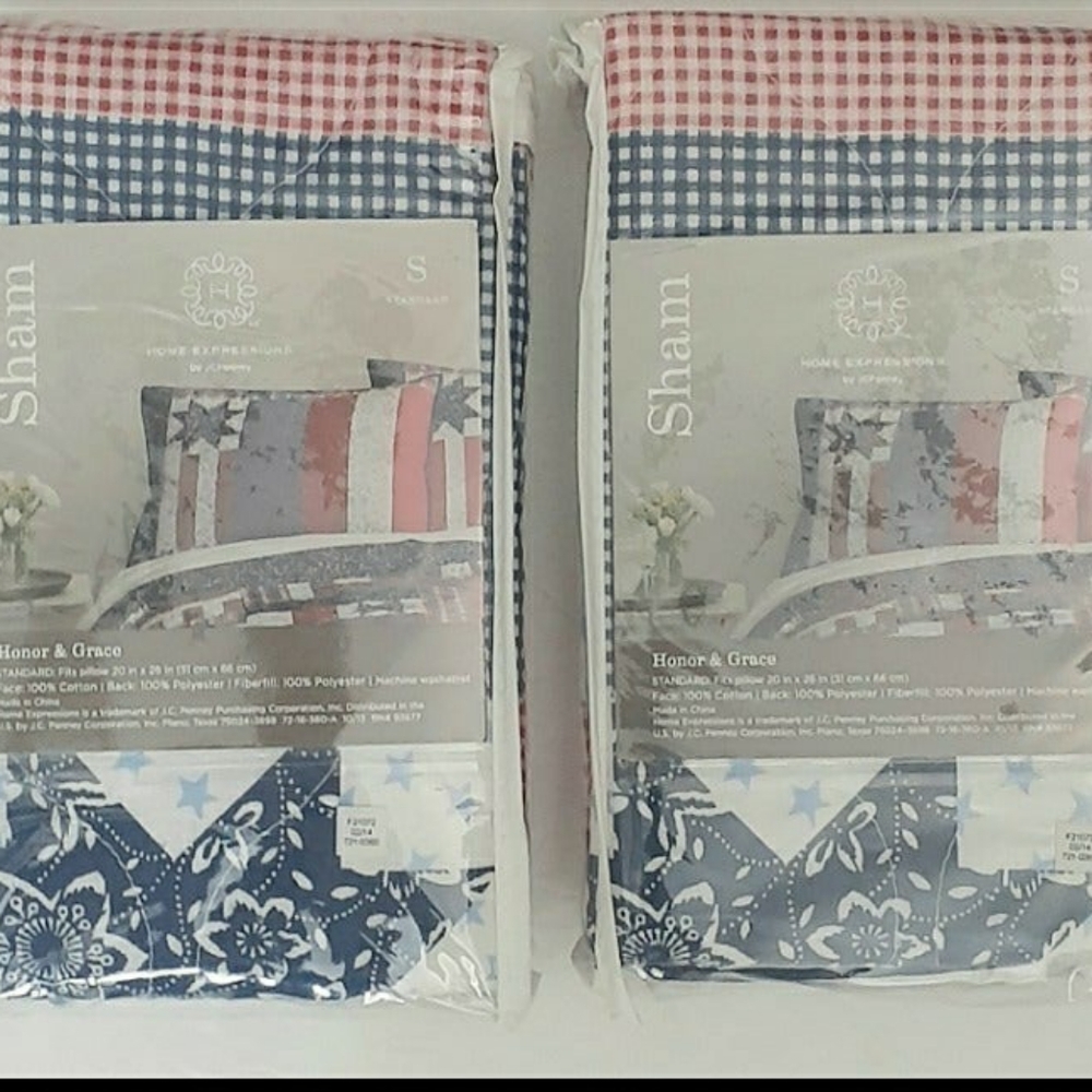 Patriotic Red white blue pillow shams Quilted Star checkered Bedding nip